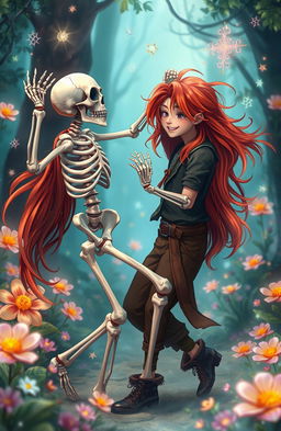 A skeleton dancing joyfully with a long-haired red-haired young man, surrounded by floating magical artifacts and vibrant flowers