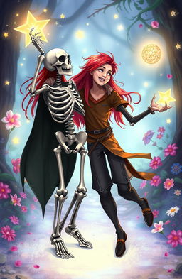 A skeleton dancing joyfully with a long-haired red-haired young man, surrounded by floating magical artifacts and vibrant flowers