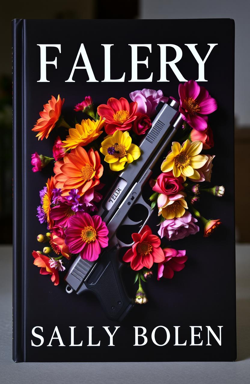 A striking book cover featuring a stunning arrangement of colorful flowers intertwined with a sleek pistol, set against a dark, moody background