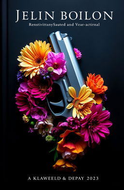 A striking book cover featuring a stunning arrangement of colorful flowers intertwined with a sleek pistol, set against a dark, moody background