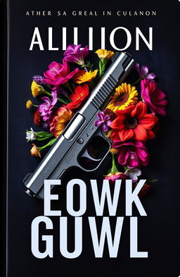 A striking book cover featuring a stunning arrangement of colorful flowers intertwined with a sleek pistol, set against a dark, moody background