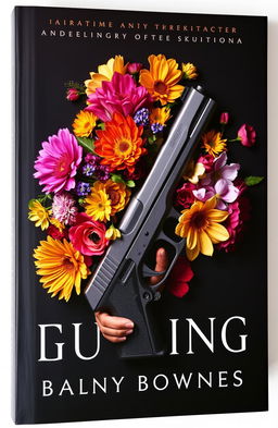 A striking book cover featuring a stunning arrangement of colorful flowers intertwined with a sleek pistol, set against a dark, moody background