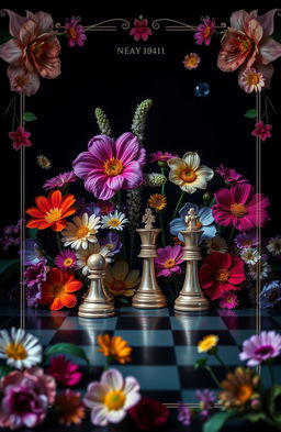 A mesmerizing cover featuring an array of vibrant flowers and chess pieces set against a dark, mysterious background