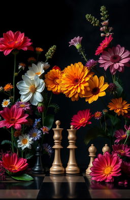 A mesmerizing cover featuring an array of vibrant flowers and chess pieces set against a dark, mysterious background