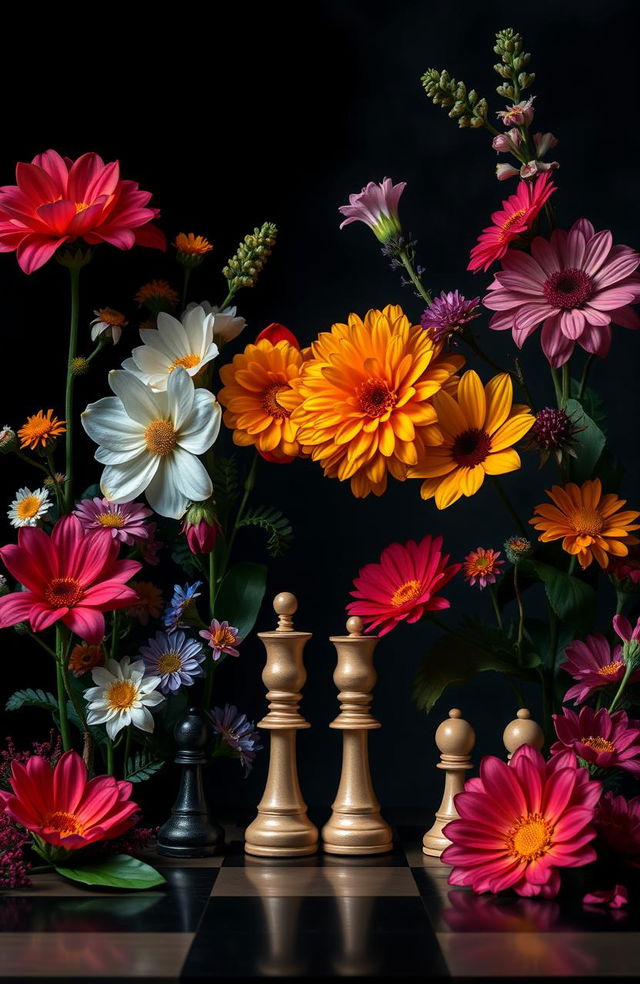 A mesmerizing cover featuring an array of vibrant flowers and chess pieces set against a dark, mysterious background