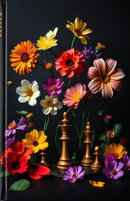 A mesmerizing cover featuring an array of vibrant flowers and chess pieces set against a dark, mysterious background