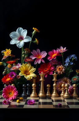 A mesmerizing cover featuring an array of vibrant flowers and chess pieces set against a dark, mysterious background