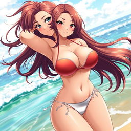 A voluptuous anime girl with big breasts, wearing an alluring bikini, showcasing her playful and seductive personality