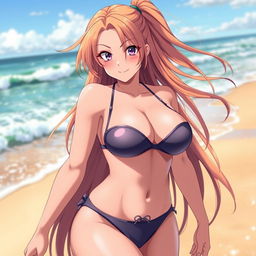 A voluptuous anime girl with big breasts, wearing an alluring bikini, showcasing her playful and seductive personality