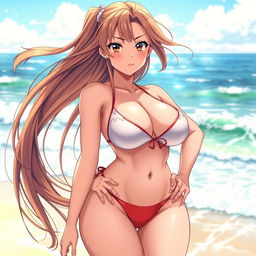 A voluptuous anime girl with big breasts, wearing an alluring bikini, showcasing her playful and seductive personality