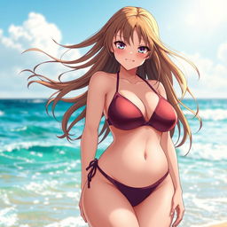 A voluptuous anime girl with big breasts, wearing an alluring bikini, showcasing her playful and seductive personality