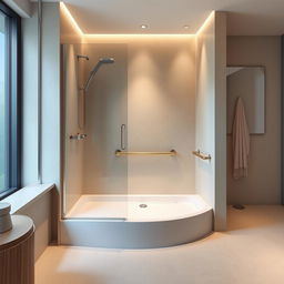 A modern bathroom featuring a sleek shower tray complemented by elegant beige wall rails