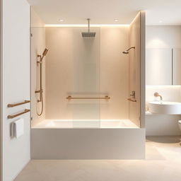 A modern bathroom featuring a sleek shower tray complemented by elegant beige wall rails