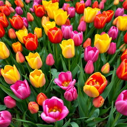 A vibrant and detailed tulip flower patch, showcasing a variety of colored tulips including red, yellow, pink, and purple, meticulously arranged in a lush green setting