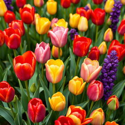 A vibrant and detailed tulip flower patch, showcasing a variety of colored tulips including red, yellow, pink, and purple, meticulously arranged in a lush green setting