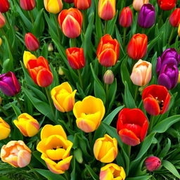 A vibrant and detailed tulip flower patch, showcasing a variety of colored tulips including red, yellow, pink, and purple, meticulously arranged in a lush green setting