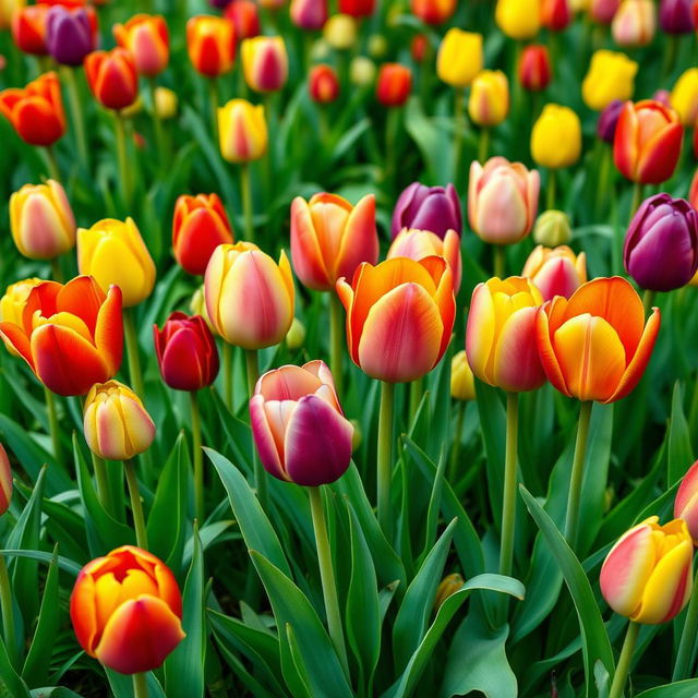 A vibrant and detailed tulip flower patch, showcasing a variety of colored tulips including red, yellow, pink, and purple, meticulously arranged in a lush green setting