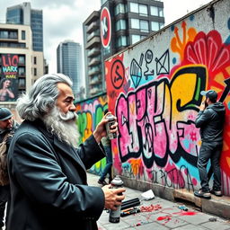 A whimsical scene depicting Karl Marx, the famous philosopher and economist, creating graffiti art on a vibrant urban wall