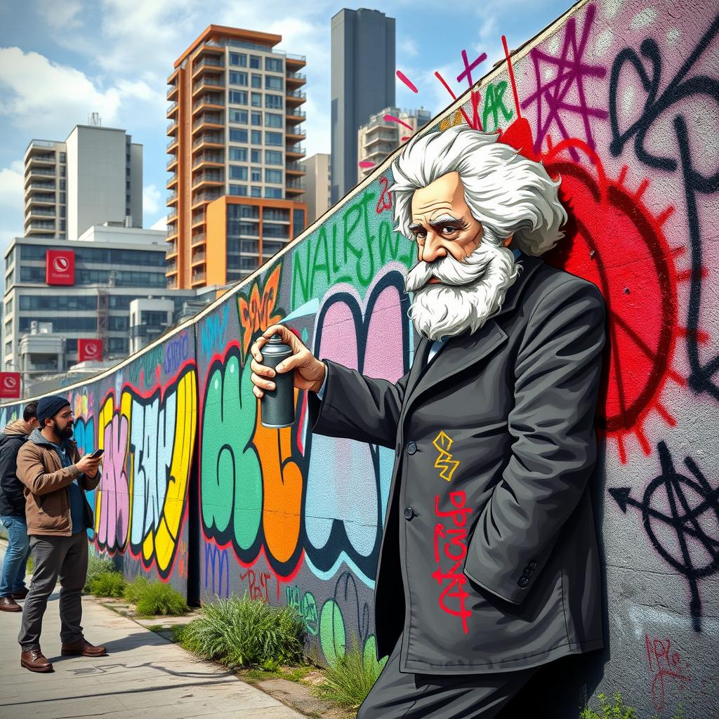 A whimsical scene depicting Karl Marx, the famous philosopher and economist, creating graffiti art on a vibrant urban wall