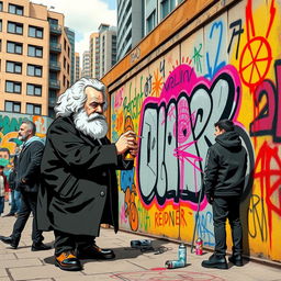 A whimsical scene depicting Karl Marx, the famous philosopher and economist, creating graffiti art on a vibrant urban wall