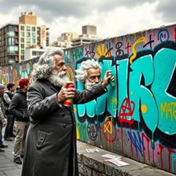 A whimsical scene depicting Karl Marx, the famous philosopher and economist, creating graffiti art on a vibrant urban wall