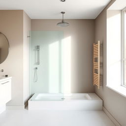 A modern bathroom showcasing a stylish shower tray and elegant beige wall rails, deliberately excluding any toilet