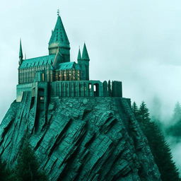 A detailed image of Harry Potter, standing tall with his black robe waving in the wind, his emerald eyes under the round glasses highlighting a look of determination, his wand raised high against the backdrop of a misty Hogwarts Castle.