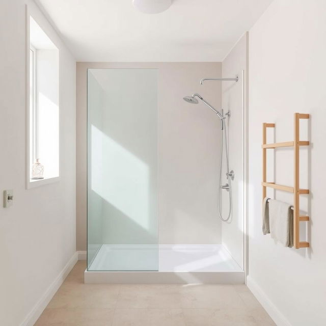 A modern bathroom showcasing a stylish shower tray and elegant beige wall rails, deliberately excluding any toilet