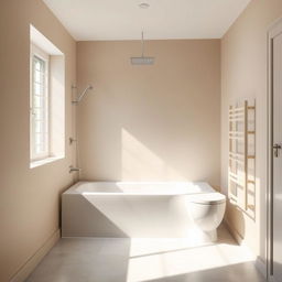 A modern bathroom showcasing a stylish shower tray and elegant beige wall rails, deliberately excluding any toilet