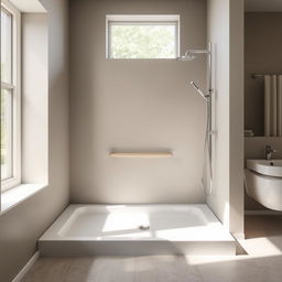 A modern bathroom showcasing a stylish shower tray and elegant beige wall rails, deliberately excluding any toilet