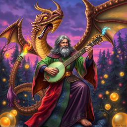 A detailed fantasy artwork depicting a bard character transforming into a majestic dragon mid-performance