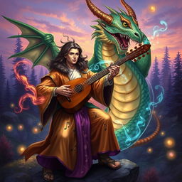 A detailed fantasy artwork depicting a bard character transforming into a majestic dragon mid-performance