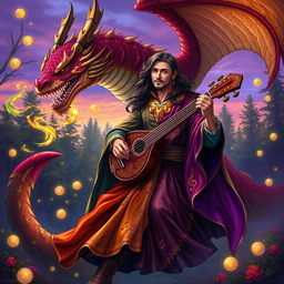 A detailed fantasy artwork depicting a bard character transforming into a majestic dragon mid-performance