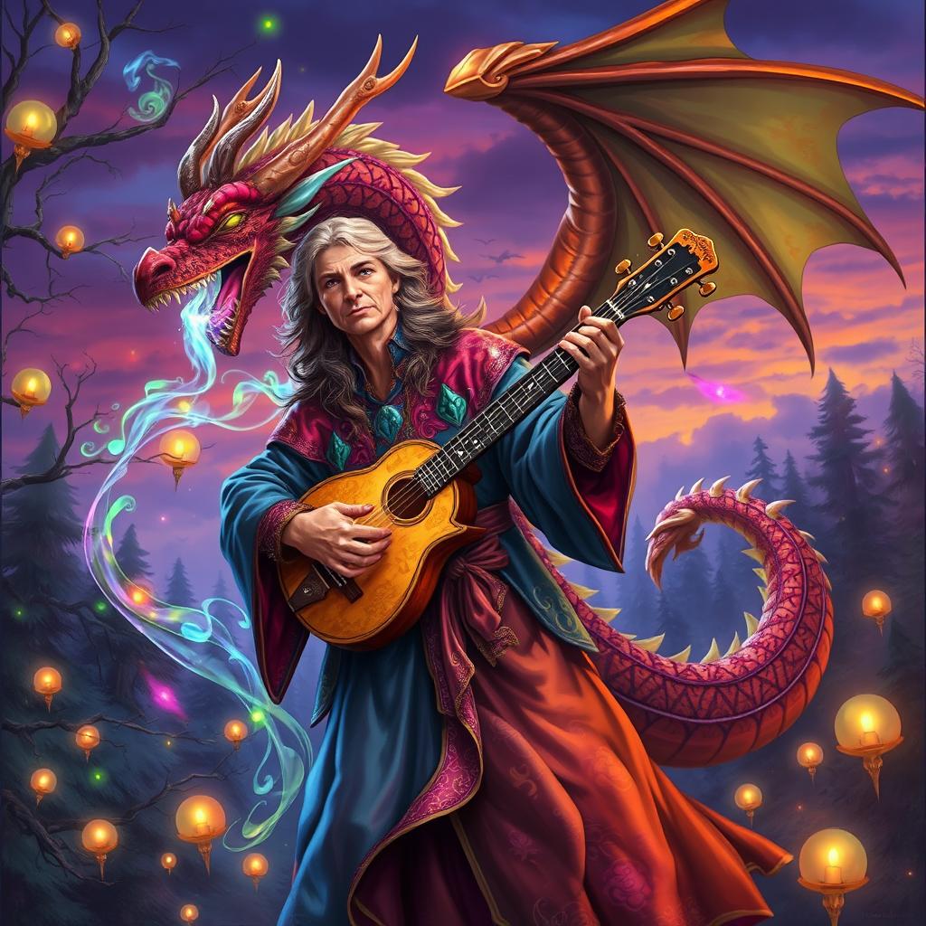 A detailed fantasy artwork depicting a bard character transforming into a majestic dragon mid-performance