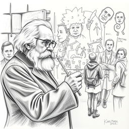 A detailed pencil drawing of Karl Marx, the renowned philosopher and economist, sketching graffiti art on an urban wall