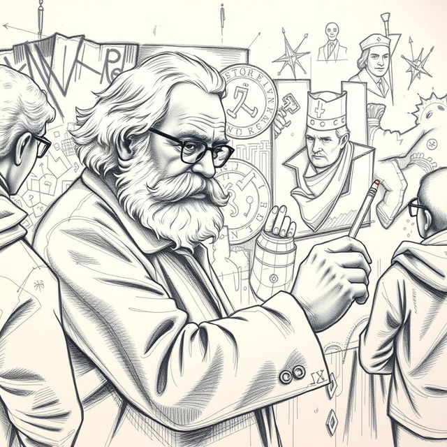 A detailed pencil drawing of Karl Marx, the renowned philosopher and economist, sketching graffiti art on an urban wall