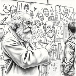 A detailed pencil drawing of Karl Marx, the renowned philosopher and economist, sketching graffiti art on an urban wall