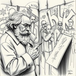 A detailed pencil drawing of Karl Marx, the renowned philosopher and economist, sketching graffiti art on an urban wall