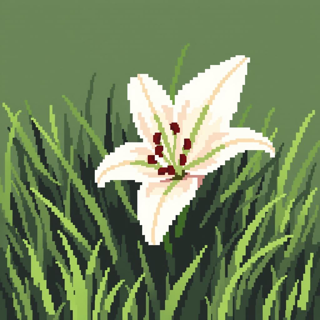 A delicate lily flower in pixel art style, featuring white petals with subtle hints of pink, placed elegantly in the center of a lush patch of green grass