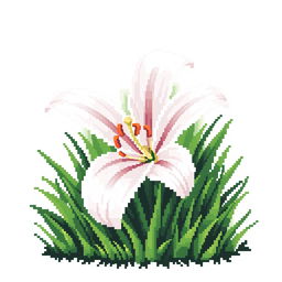 A delicate lily flower in pixel art style, featuring white petals with subtle hints of pink, placed elegantly in the center of a lush patch of green grass