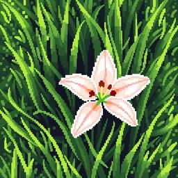 A delicate lily flower in pixel art style, featuring white petals with subtle hints of pink, placed elegantly in the center of a lush patch of green grass