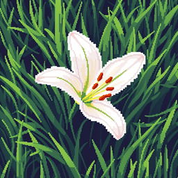 A delicate lily flower in pixel art style, featuring white petals with subtle hints of pink, placed elegantly in the center of a lush patch of green grass