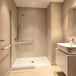 A contemporary bathroom featuring a stylish shower tray and elegant beige wall rails, with no toilet present