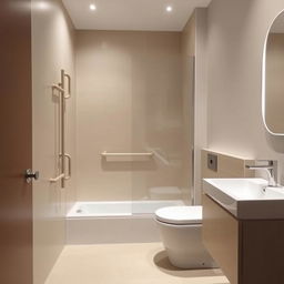 A contemporary bathroom featuring a stylish shower tray and elegant beige wall rails, with no toilet present