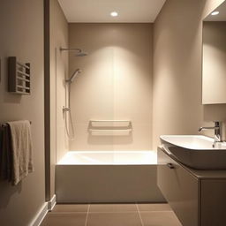 A contemporary bathroom featuring a stylish shower tray and elegant beige wall rails, with no toilet present