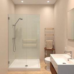 A contemporary bathroom featuring a stylish shower tray and elegant beige wall rails, with no toilet present