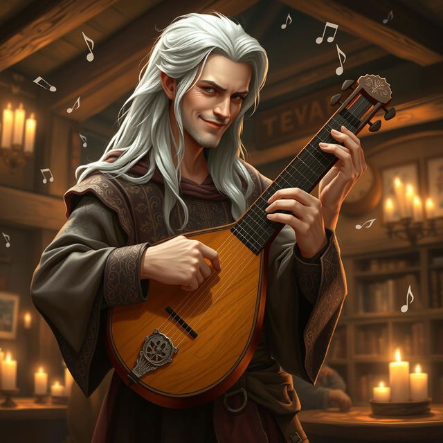 A charming portrayal of a white-haired adult bard skillfully playing a lute