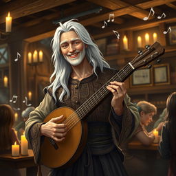 A charming portrayal of a white-haired adult bard skillfully playing a lute