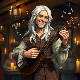 A charming portrayal of a white-haired adult bard skillfully playing a lute