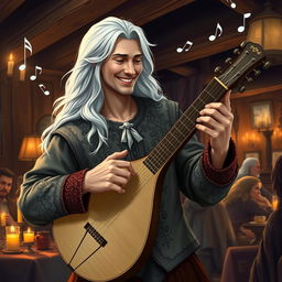 A charming portrayal of a white-haired adult bard skillfully playing a lute